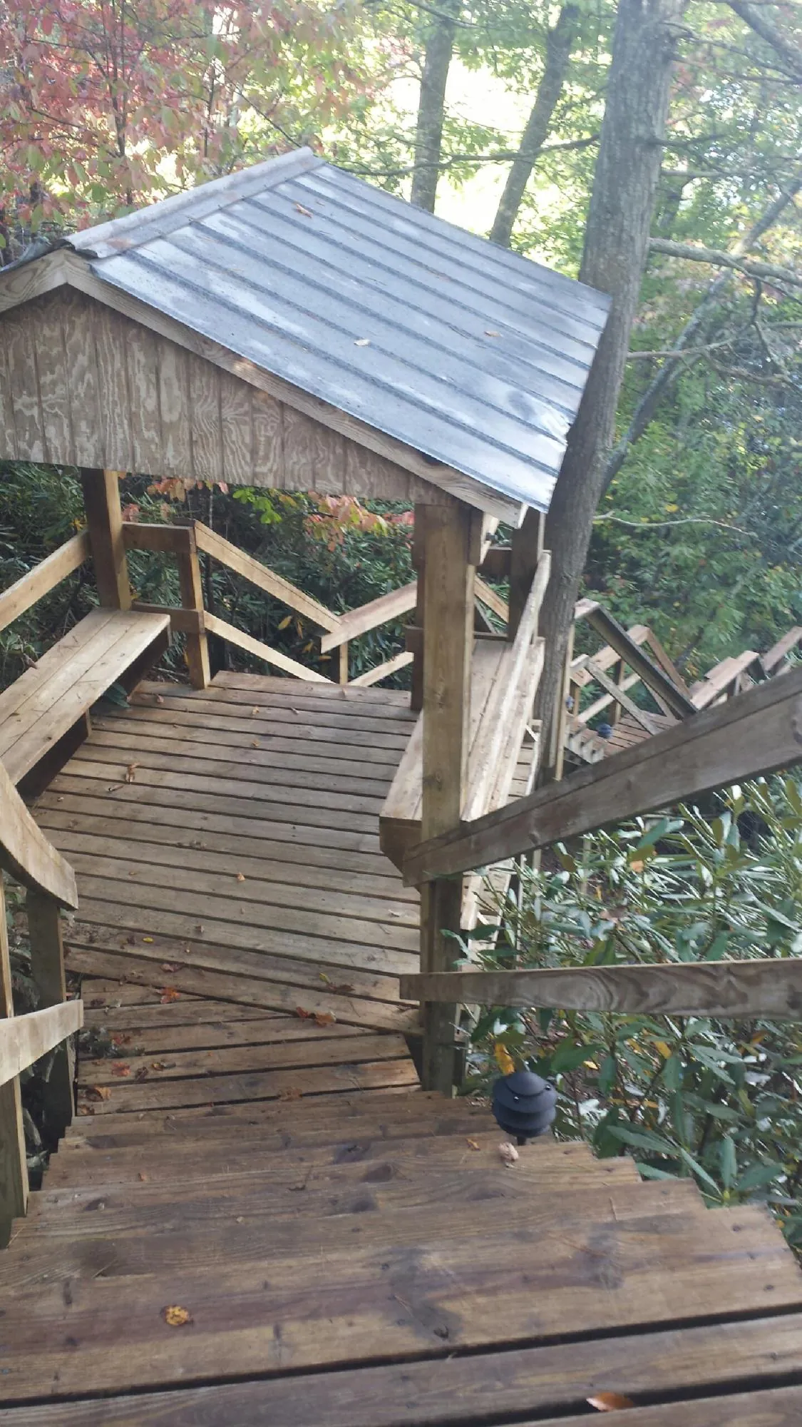 Metal roofed shelter over wooden steps on a wooded walkway — Skylight Repair & Installation work by our crew in Medicine Bow